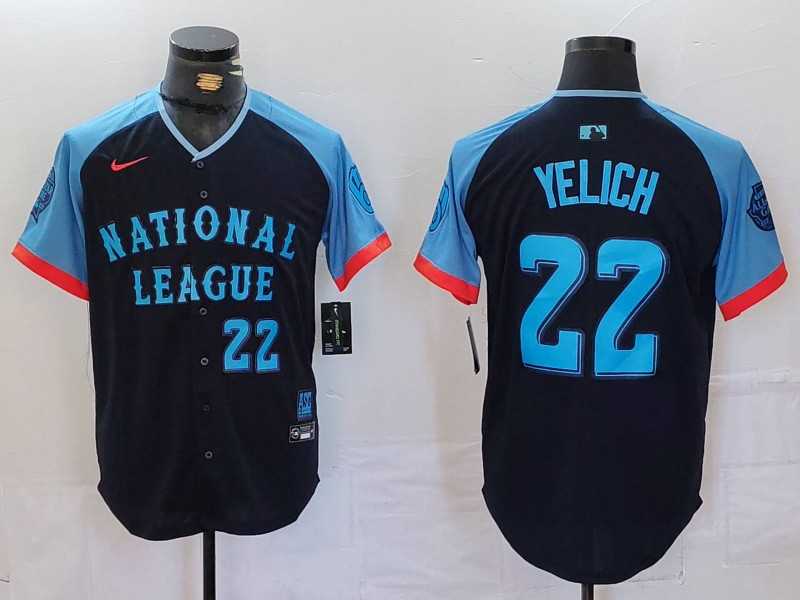 Men%27s Milwaukee Brewers #22 Christian Yelich Number Navy 2024 All Star Limited Stitched Jersey